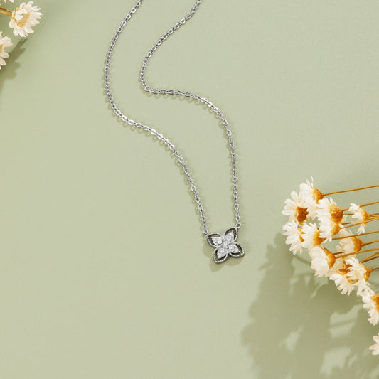 Silver Four Leaf Crystal Necklace