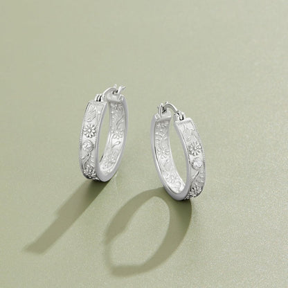 Silver Sculpted Flower Hoop Earrings